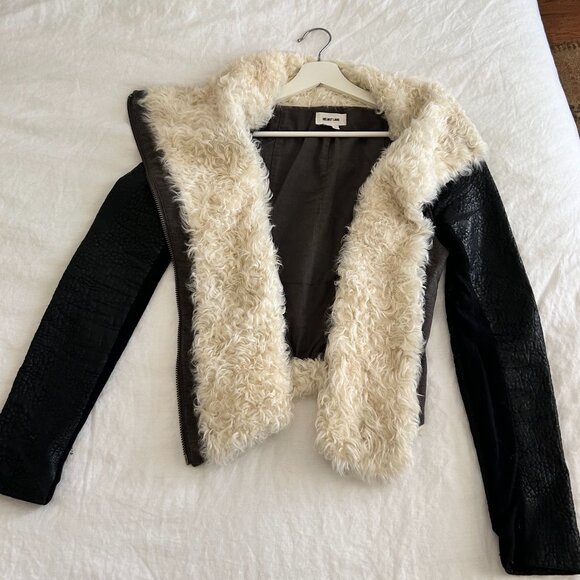 Helmut Lang Jacket: Black Leather Sleeves, Shearling Detail and Cotton Size: P - Picture 5 of 6